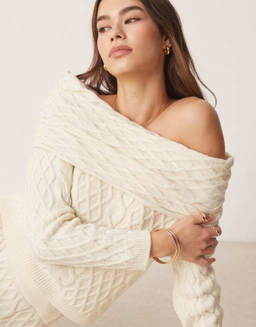 ASOS DESIGN cable knit bardot jumper in cream (part of a set), 3 of 4