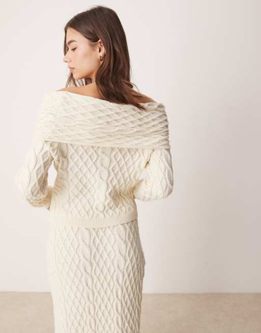 ASOS DESIGN cable knit bardot jumper in cream (part of a set), 4 of 4
