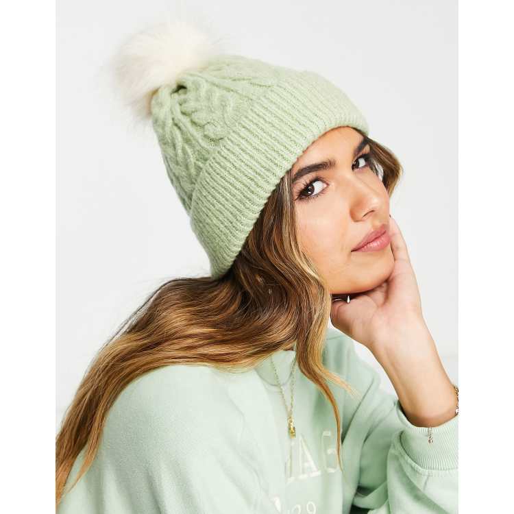 ASOS DESIGN cable knit beanie with faux fur pom in sage