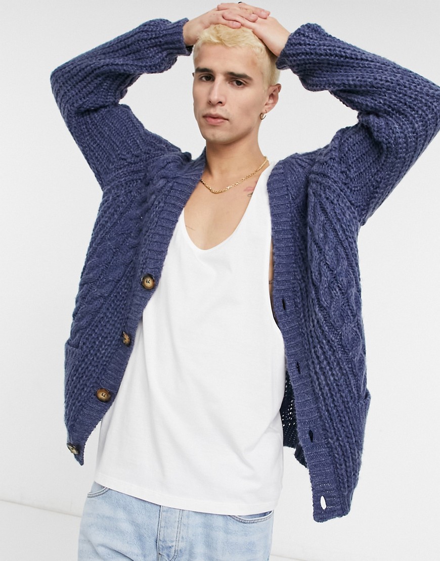 ASOS DESIGN cable knit button cardigan in denim blue