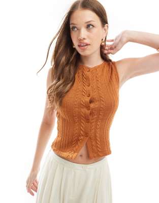 Asos Design Cable Knit Button Through Tank Top In Brown