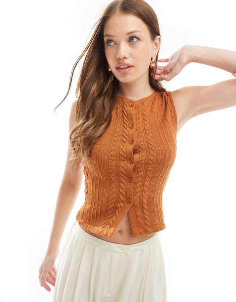 ASOS DESIGN cable knit button through tank top in brown - view 1