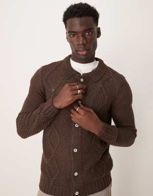 cable knit cardigan with collar in brown