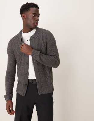 cable knit cardigan with collar in charcoal-Gray