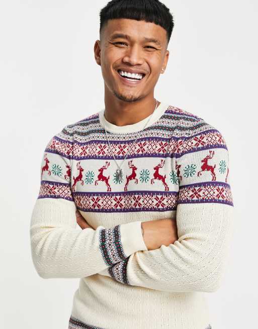 ASOS DESIGN cable knit christmas sweater with yoke fairisle in ecru ASOS