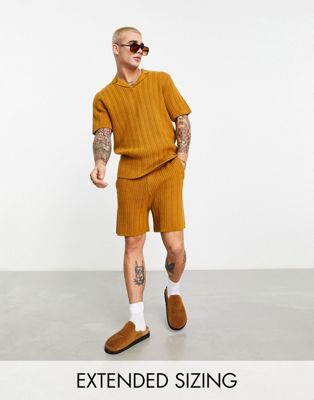 ASOS DESIGN cable knit co-ord revere polo in tan