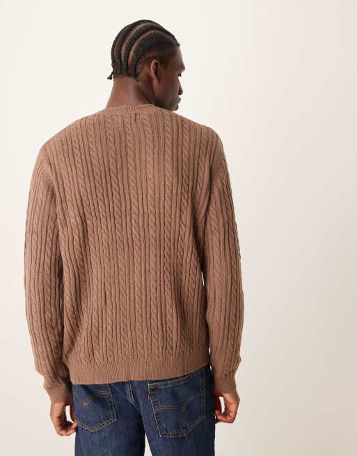 ASOS DESIGN cable knit crew neck cardigan in brown