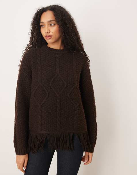 ASOS DESIGN cable knit crew neck fringed sweater in chocolate - view 1