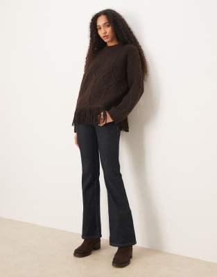 Asos Design Cable Knit Crew Neck Fringed Sweater In Brown