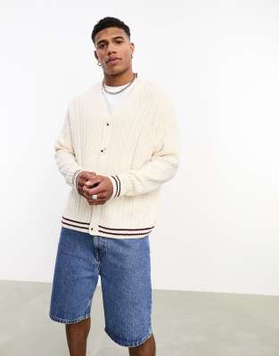 Asos Design Oversized Cable Knit Cricket Sweater In Cream With Green Tipping-white In Neutral