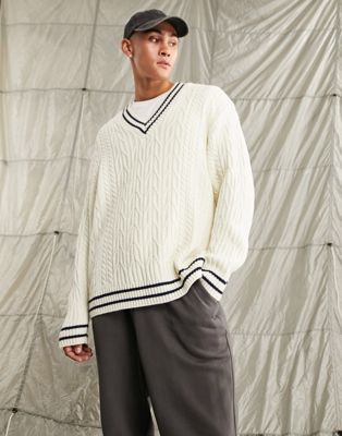 ASOS DESIGN cable knit cricket jumper in off white and navy tipping - ASOS Price Checker