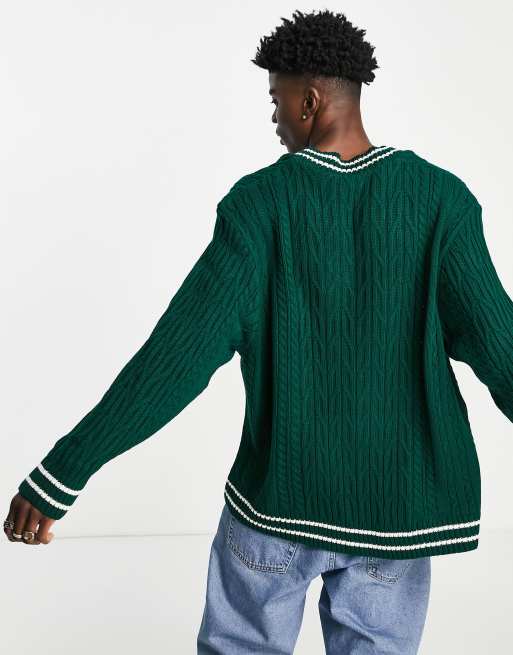 ASOS DESIGN cable knit cricket sweater in bottle green | ASOS