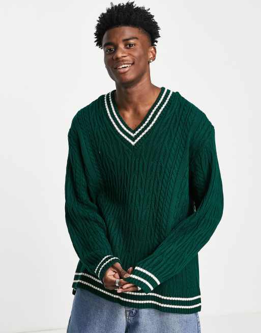 ASOS DESIGN cable knit cricket sweater in bottle green ASOS