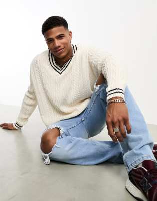 Asos Design Oversized Cable Knit Cricket Sweater In Cream & Navy Tipping-multi In Multi