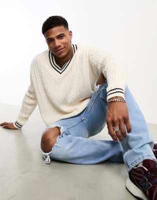 ASOS DESIGN OVERSIZED CABLE KNIT CRICKET SWEATER IN CREAM & NAVY TIPPING-MULTI