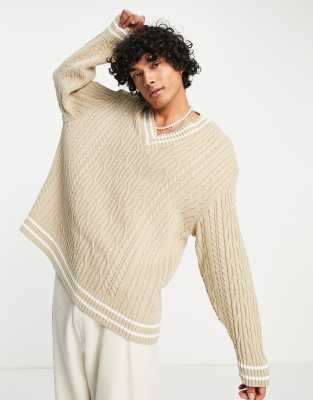 ASOS DESIGN cable knit cricket sweater in oatmeal-neutral