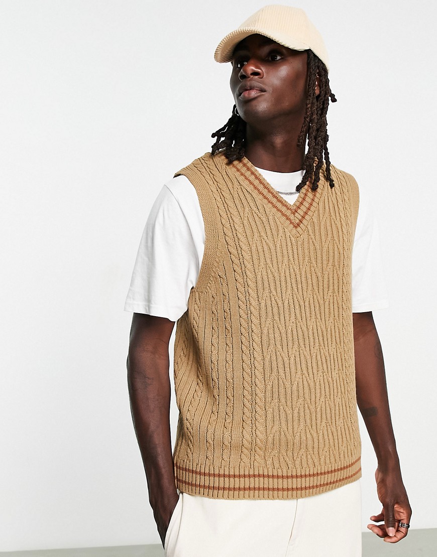ASOS DESIGN cable knit cricket tank in beige-Neutral