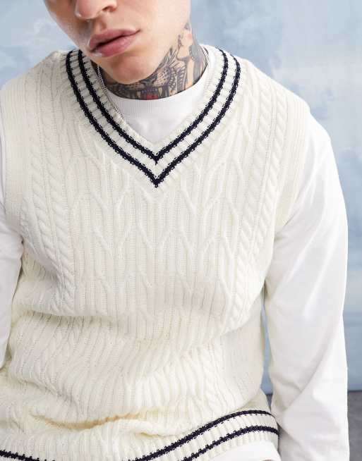 ASOS DESIGN cable knit cricket vest in cream