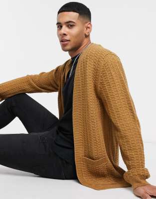 ASOS DESIGN cable knit edge to edge cardigan in tan-Brown