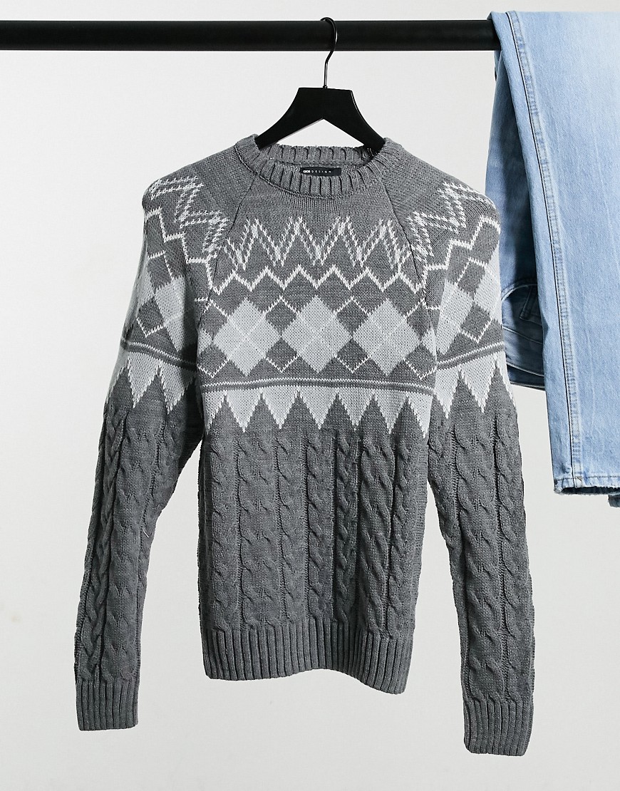 ASOS DESIGN cable knit fairisle sweater in gray-Grey