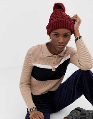 ASOS DESIGN cable knit faux fur pom beanie