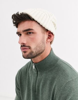 Asos Design Fisherman Beanie In Stone Cable Knit
