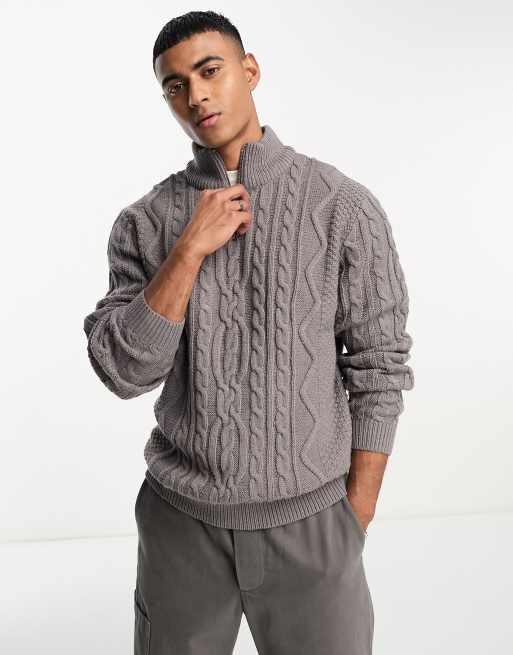 Grey Half Zip Up Knitted Sweater, Knitwear