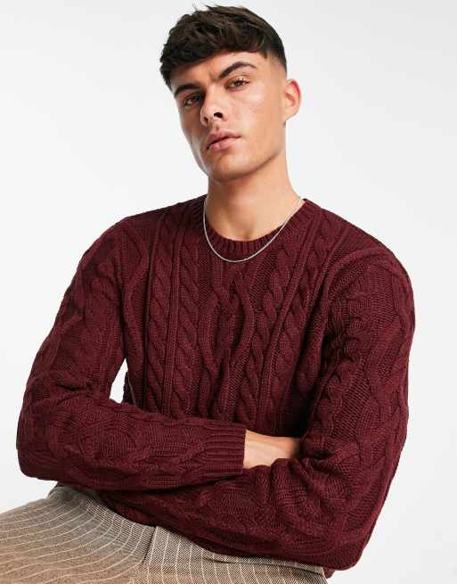 Burgundy cable shop knit sweater mens