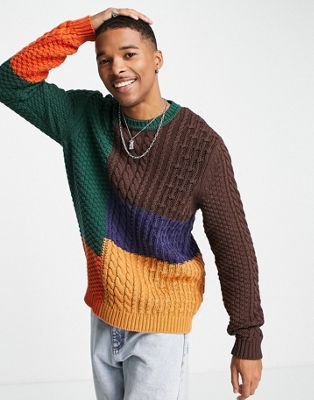 ASOS DESIGN cable knit jumper in patchwork colour block