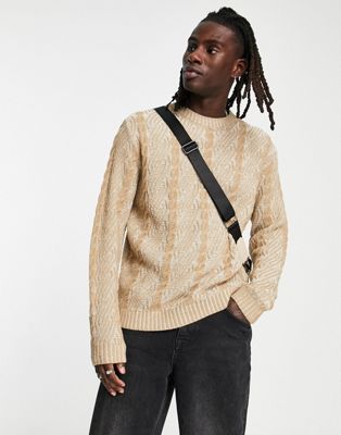ASOS DESIGN cable knit jumper with crew neck in camel - CAMEL