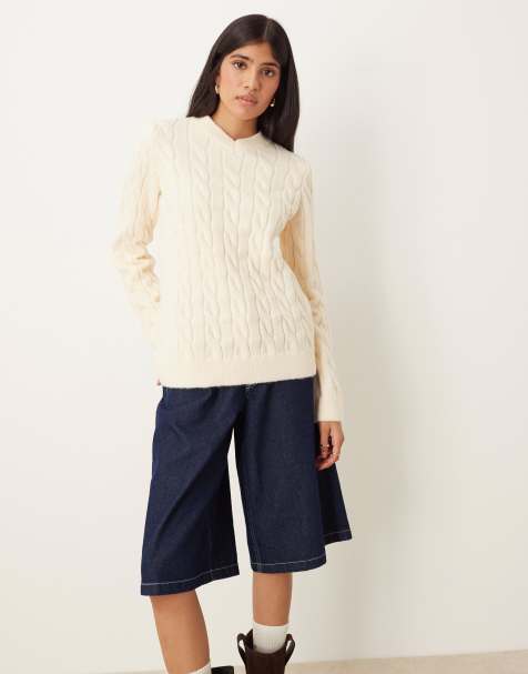 ASOS DESIGN cable knit jumper with high v neck in ecru - view 1