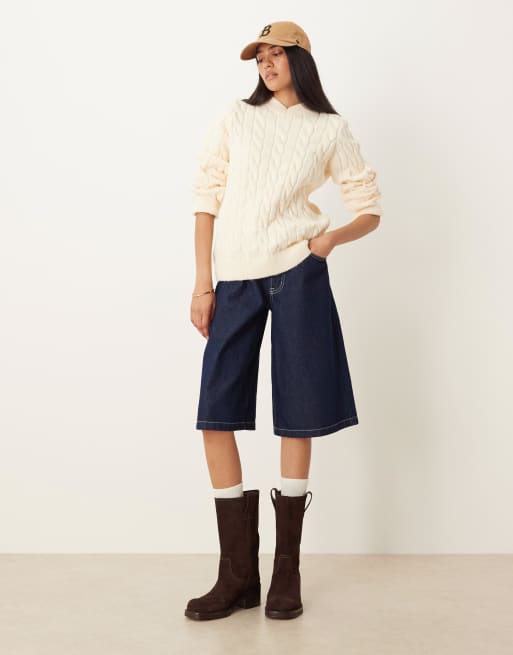 ASOS DESIGN cable knit jumper with high v neck in ecru