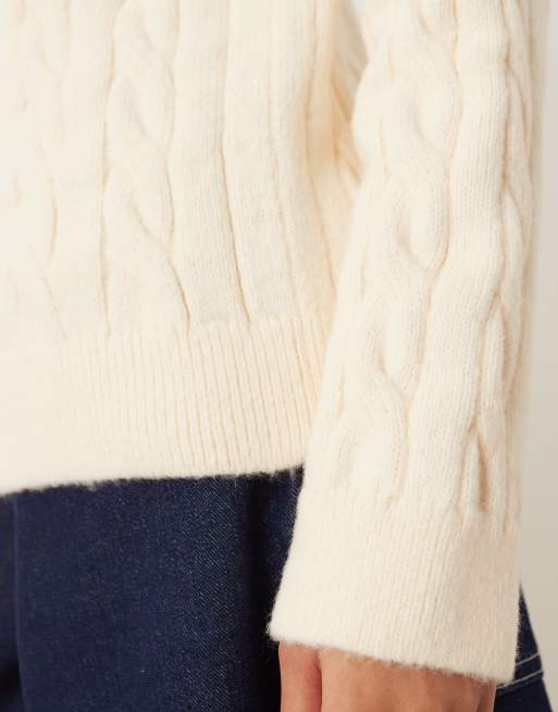 ASOS DESIGN cable knit jumper with high v neck in ecru