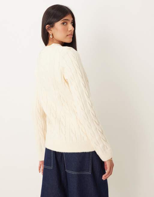 ASOS DESIGN cable knit jumper with high v neck in ecru