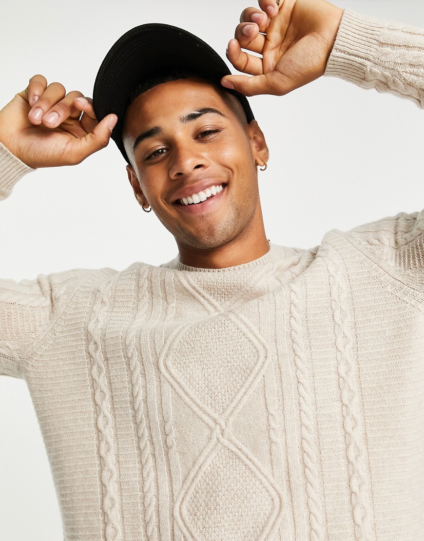 ASOS DESIGN cable knit lambswool crew neck sweater in ecru-White