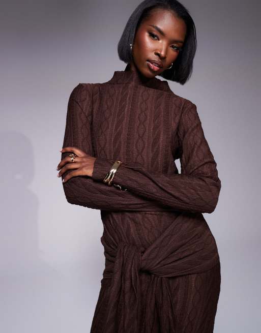 Long Sleeve Tie Knit Dress ASOS DESIGN Cable Knit Long Sleeve High Neck Tie  Waist Midi Dress