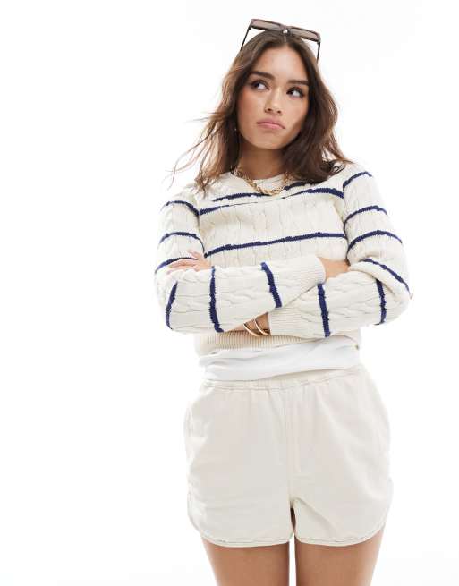 Striped Cable-Knit Short-Sleeve Sweater