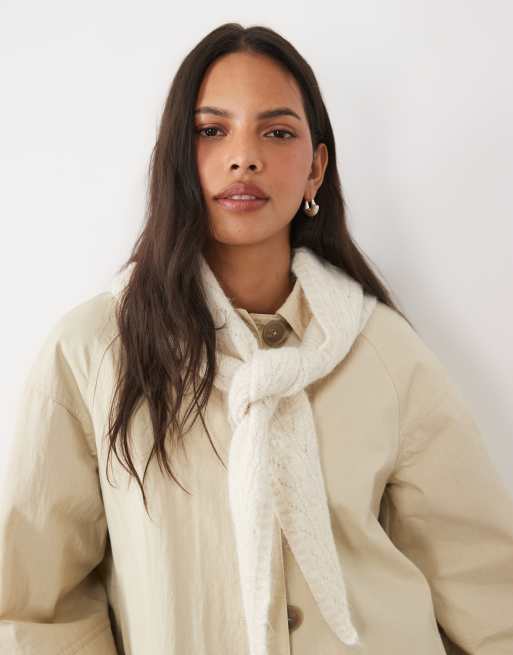 ASOS DESIGN cable knit long triangle scarf in cream, 2 of 3