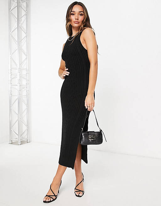  cable knit midi dress with open back and thigh split detail in black 