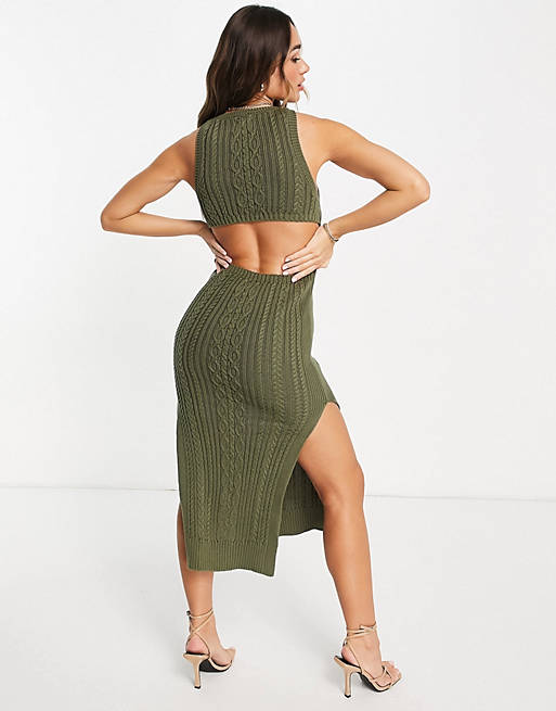  cable knit midi dress with open back and thigh split detail in khaki 