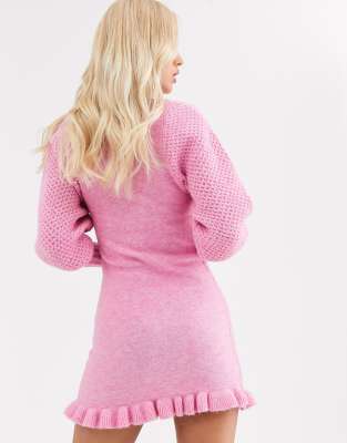 asos design cable knit mini dress with volume sleeve
