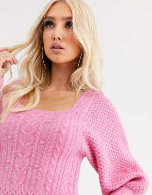 asos design cable knit mini dress with volume sleeve