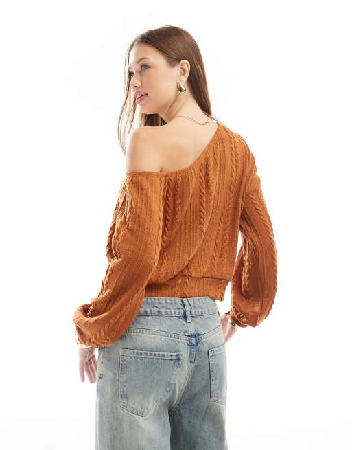 ASOS DESIGN cable knit one-shoulder sweater in brown ASOS