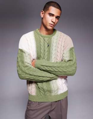 Asos Design Cable Knit Patchwork Sweater In Green