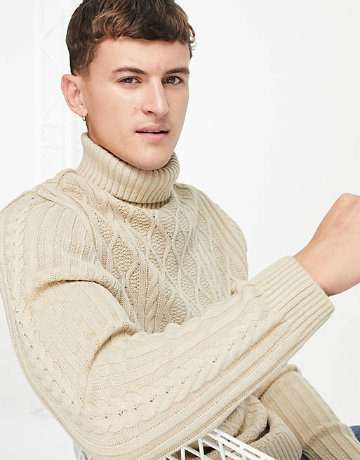 ASOS DESIGN cable knit roll neck jumper in beige