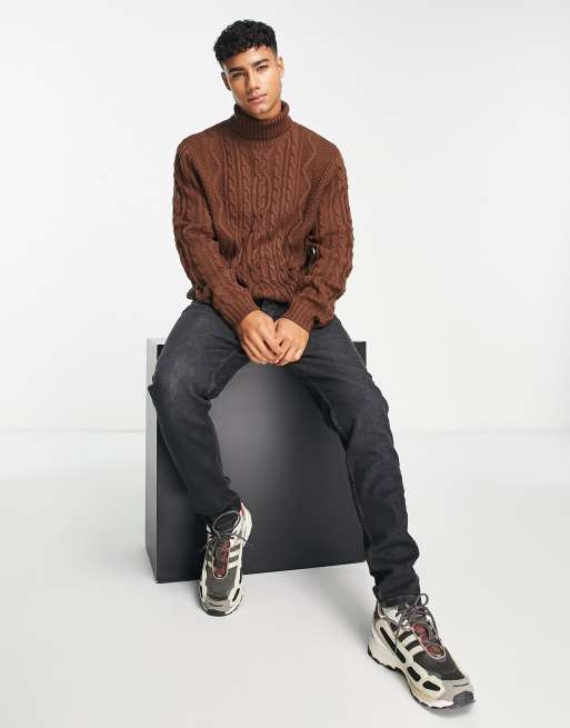ASOS DESIGN cable knit roll neck jumper in brown, 4 of 4