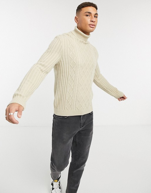 ASOS DESIGN cable knit roll neck jumper in oatmeal