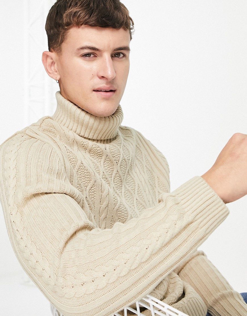 ASOS DESIGN cable knit roll neck sweater in beige-Neutral