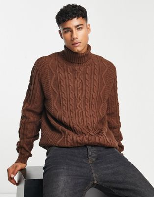 ASOS DESIGN cable knit roll neck jumper in brown - ASOS Price Checker