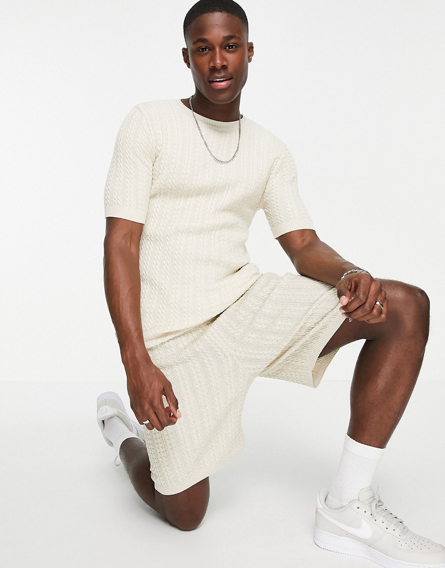 ASOS DESIGN cable knit set shorts in oatmeal-Neutral